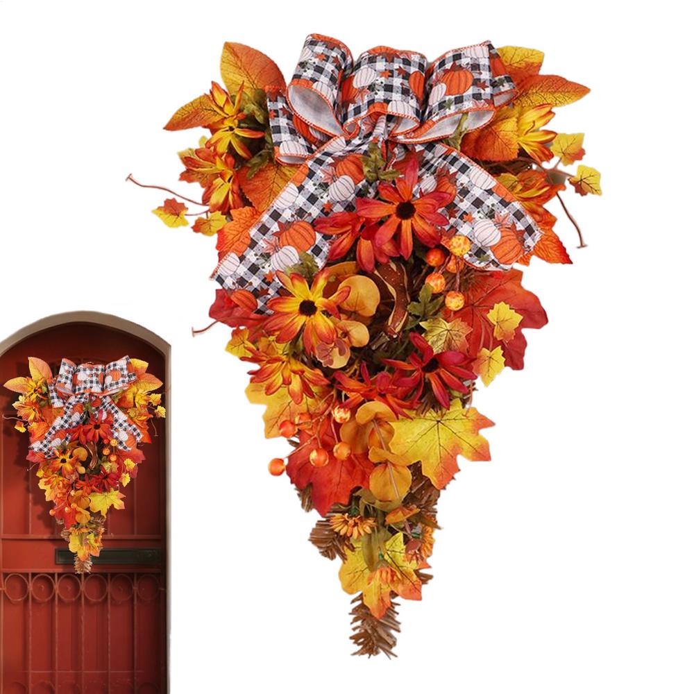 2025 Fall Maple Leaves Wreath Front Door Maple Leaves And Berry Wall Hanging Wreath Simulated Pumpkin Bow Vine Door Hanging