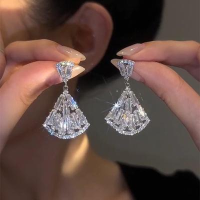 Elegant Fan-Shaped Zirconium Pendant Earrings for Women - French High-End Cool Style Studs