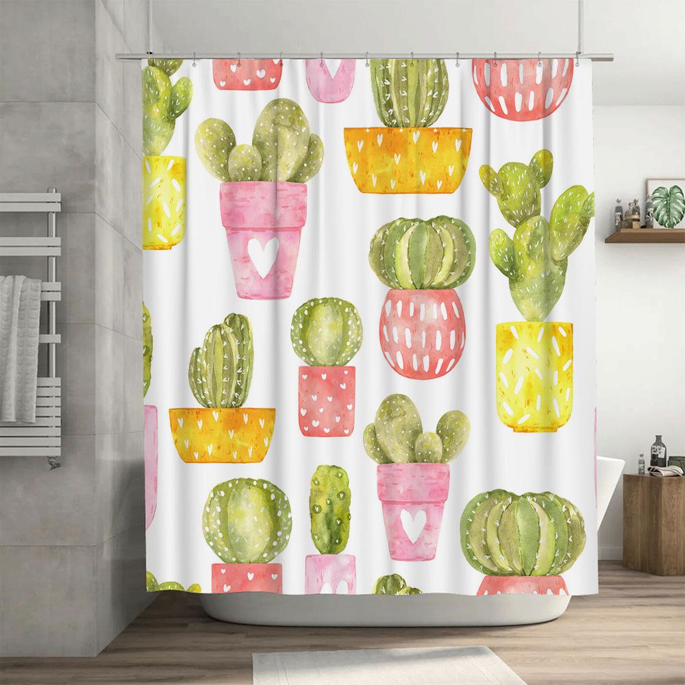 Colorful Cactus Shower Curtain Watercolor Houseplants Decor For Bathroom Pink, Green Yellow Floral Design New