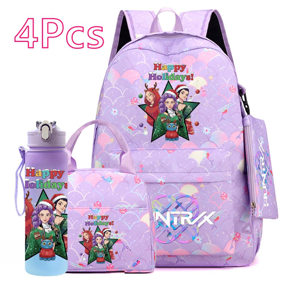 4Pcs/set Christmas KPOP Printed Backpack with Handbag Pencil Case 750Ml Water Bottler for Teenager Boy Girl Large Capacity Bookbag Schoolbag Kid Gift