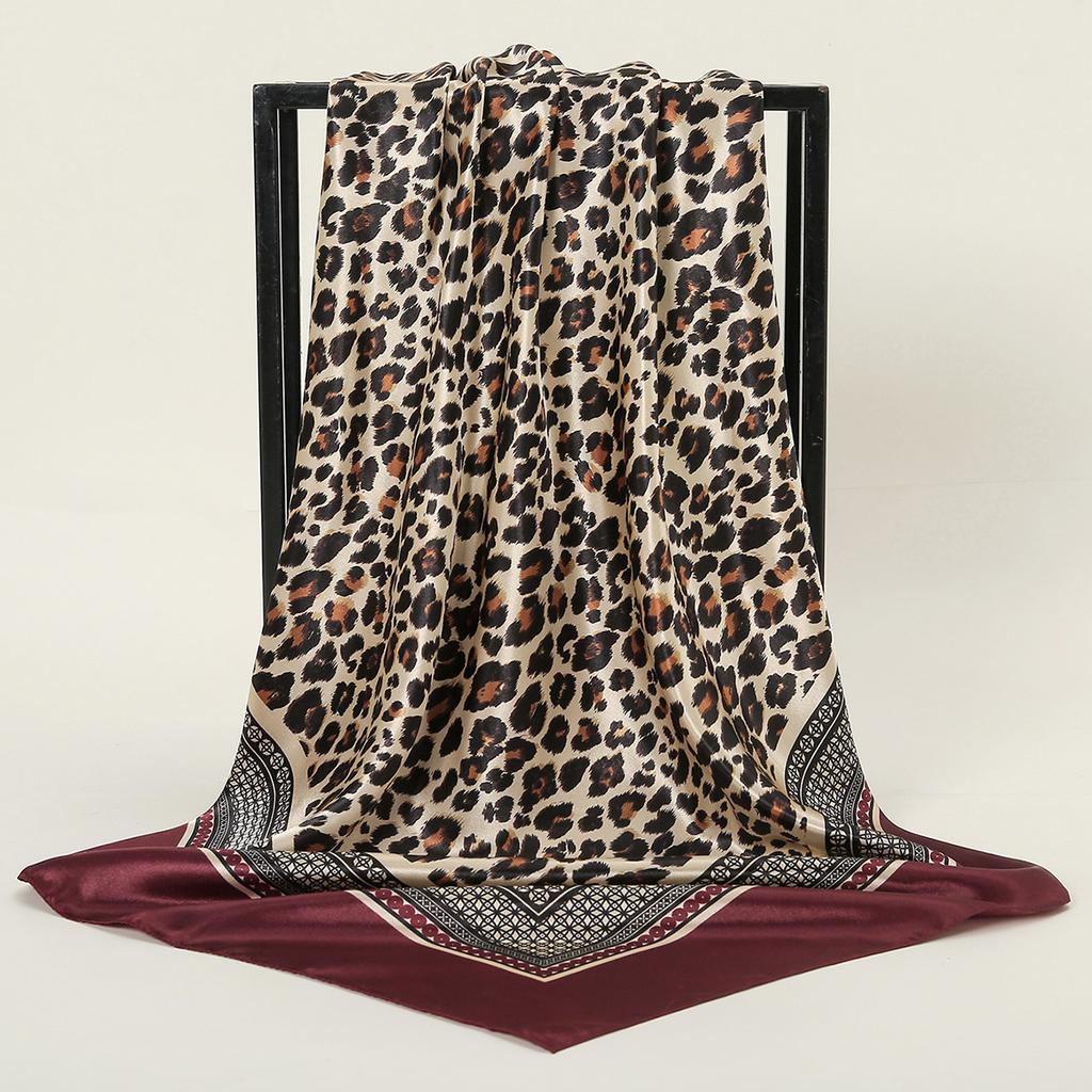 90cm Leopard Print Square Scarf Satin Silk Headband Muslim Woman Hijab Lady Fashion Hairwrap Rock Style Headscarf Islam Turban
