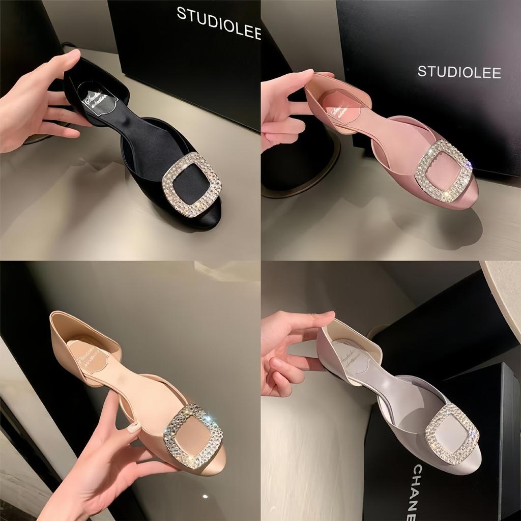 Sheepskin Version of Grape Mother, the Same Spring and Summer New Fairy Square Diamond Buckle Shallow Mouth Shoes Hollow Sandals Women's Flat Shoes