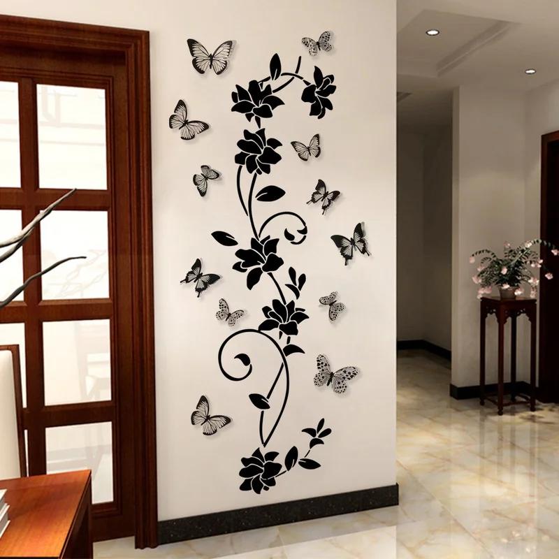 Fashion 3D Home Wall Fashion Decor Butterfly Wall Stickers Black Flower Rattan Living Room Background Room Wall Stickers Dark
