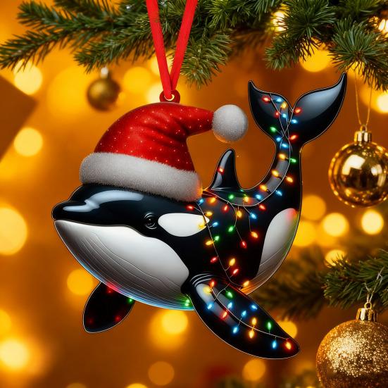 Christmas Ornament Flat 2D Acrylic Lion Wearing Santa Hat Charm Christmas Hanging Ornament with Rope