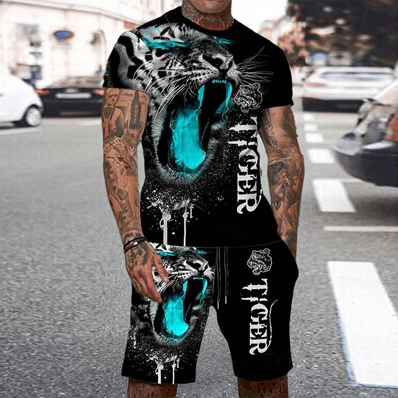 Tuta da Ginnastica da Uomo Tigre Animale Stampa 3D Costumi da Spiaggia Casual Girocollo Manica Corta Set Maglietta e Pantaloncini Abbigliamento Sportivo Uomo 2pz