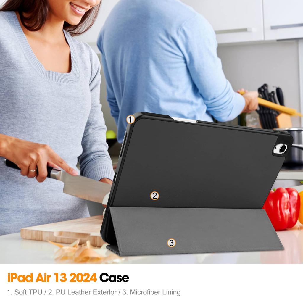 For iPad Air 13 M3 M2 Pro 12.9 2018 with Pencil Holder-[Tri-fold Stand + Auto Wake/Sleep], Premium PU Leather Case Shockproof