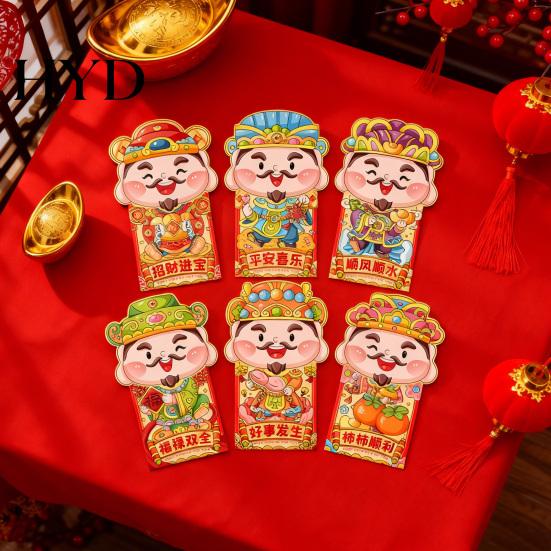 3D God Of Wealth Design 6 Pcs Chinese New Year Red Envelopes Cartoon of Envelope Lucky Money Spring Festival Pockets for Cash Auspicious Packet
