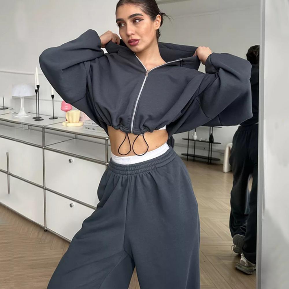 Women's Casual 2-Piece Sports Suit: Solid Color Long-Sleeve Zipper Cardigan with Drawstring Hood + Elastic-Waist Pants