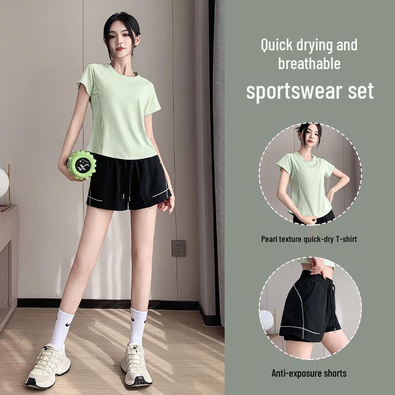 Women's Ice Silk Quick-Dry Summer Fitness Set (T-Shirt & Anti-Exposure Shorts)