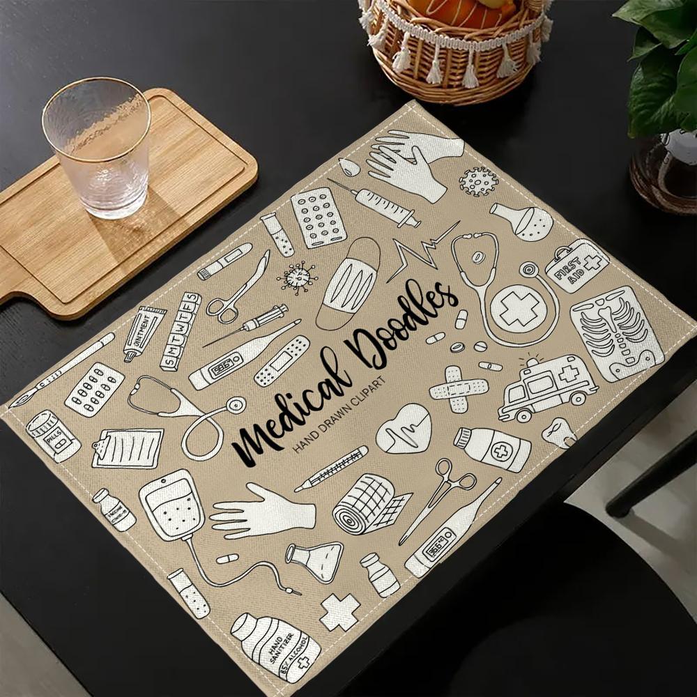 

4PC Doodle Hospital Icons Vector Pattern Insulation Mats Kitchen Decoration Festive Atmosphere 6.17 30x45cm-4PC