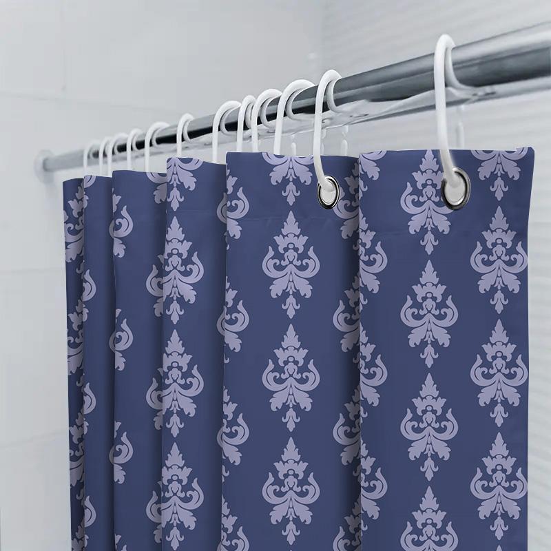 Blue Damask Shower Curtain Set Bathroom Decor Waterproof Fabric 2