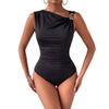 Women Black Sleeveless Oblique Shoulder Metal Buckle Slim Waist Fitted Bodysuit