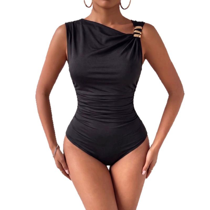 Women Black Sleeveless Oblique Shoulder Metal Buckle Slim Waist Fitted Bodysuit