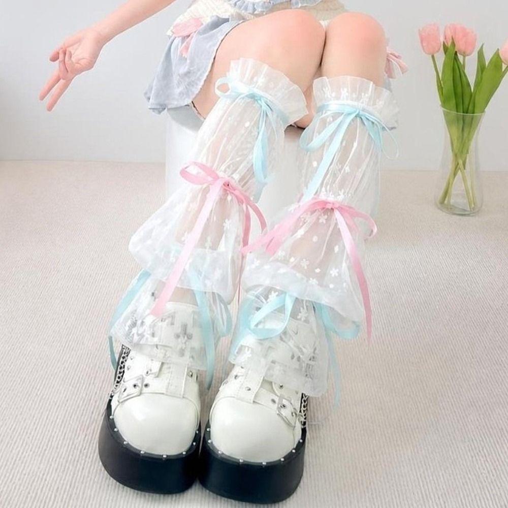 Ruffled Trim Calf Covers Mesh Fabric Knee High Socks Elegant Lace Leg Sleeves  Cosplay