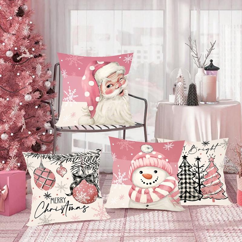 4pcs Pink Christmas Snowman Pillowcase Navidad Natal Noel Tree Cushion Cover Christmas Decorations For Home 2026 New Year 2026