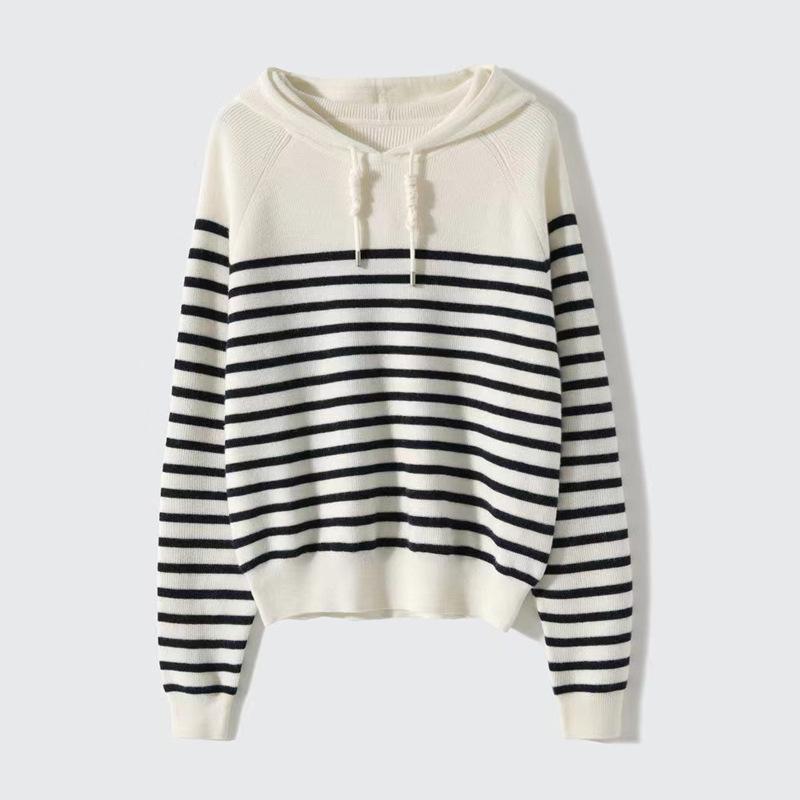 Hoodie age-reducing striped drawstring knitted sweater women's autumn and winter simple temperament versatile casual style sweater tide