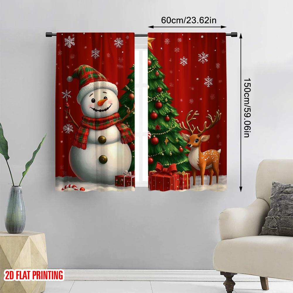 Set Of 2 Plane Printing Curtains Christmas Tree Snowman Deer Holiday Versatile Durable Polyester Without Rod Sheer Made
