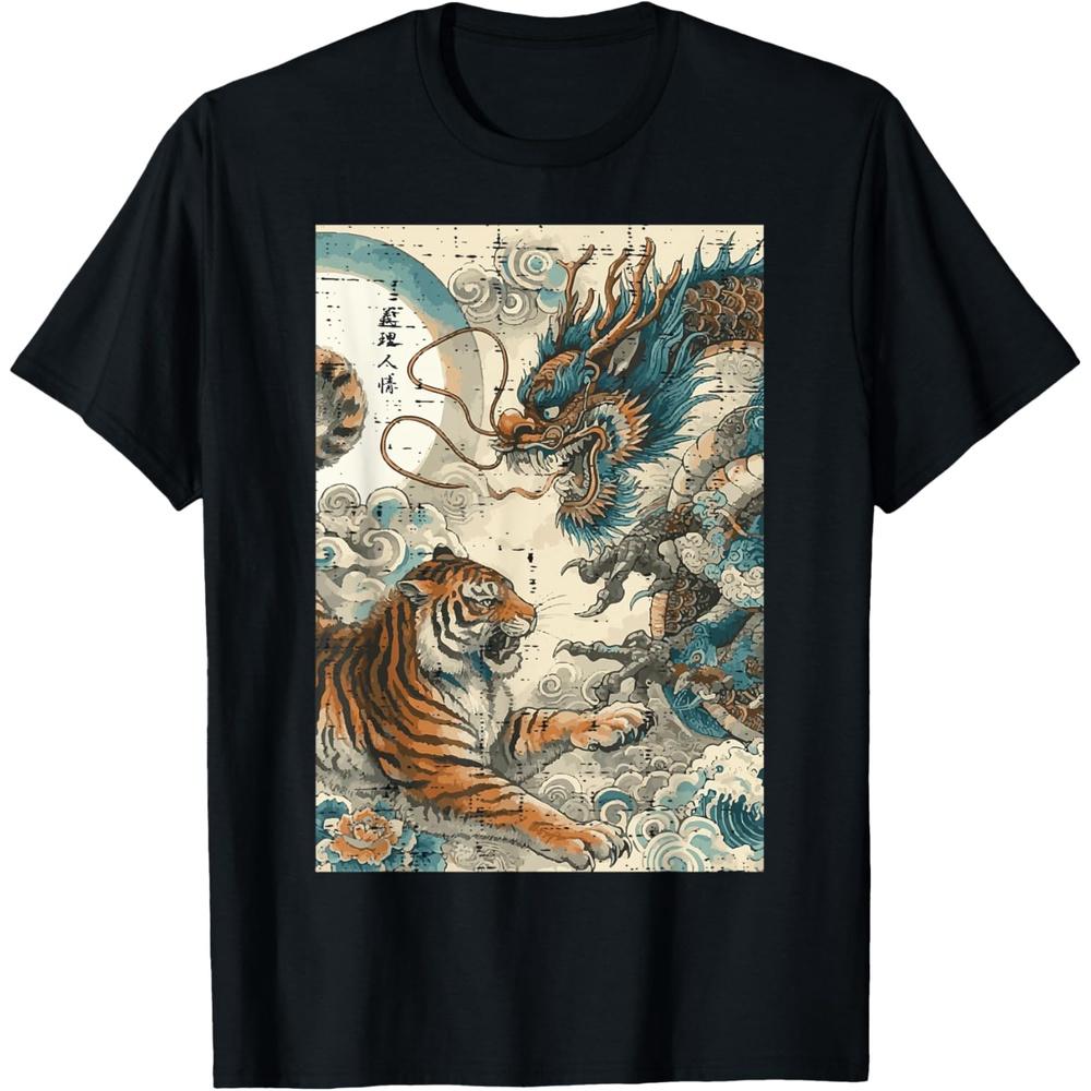 Japanese Tiger Fighting Dragon Vintage Art Women Men Girls T-Shirt XS
