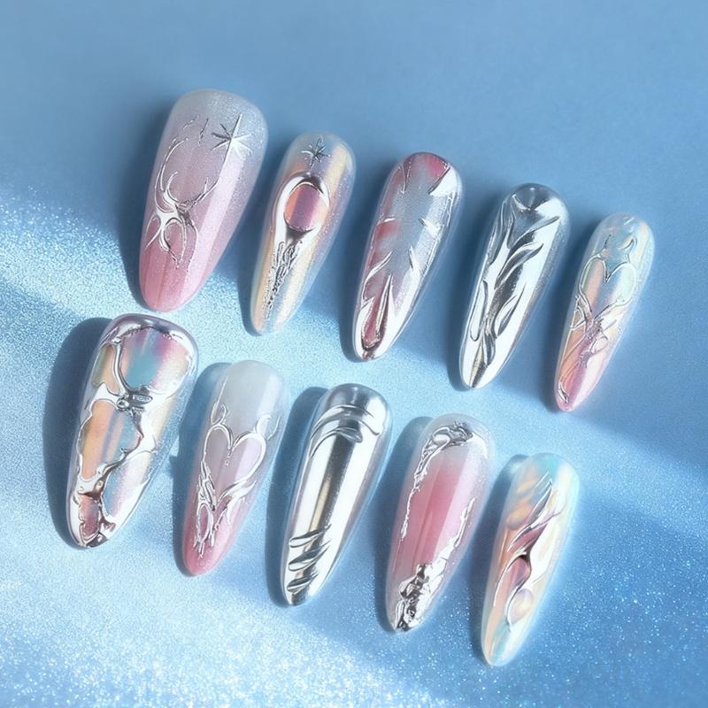 

30pcs Extra Long False Nail Glittering Silver Press On Tips with Chrome Finish ABS Practical Salon Quality 1