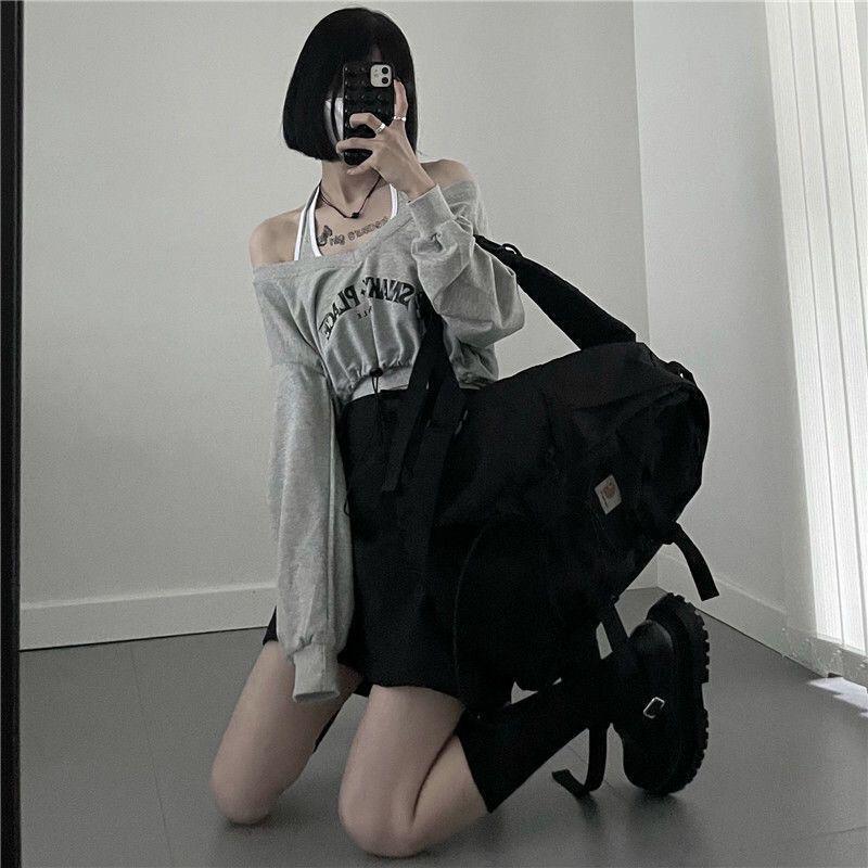 Korean Spring One-Shoulder Two-Piece: Long Sleeve Sweater & Navel-Length Halter Top