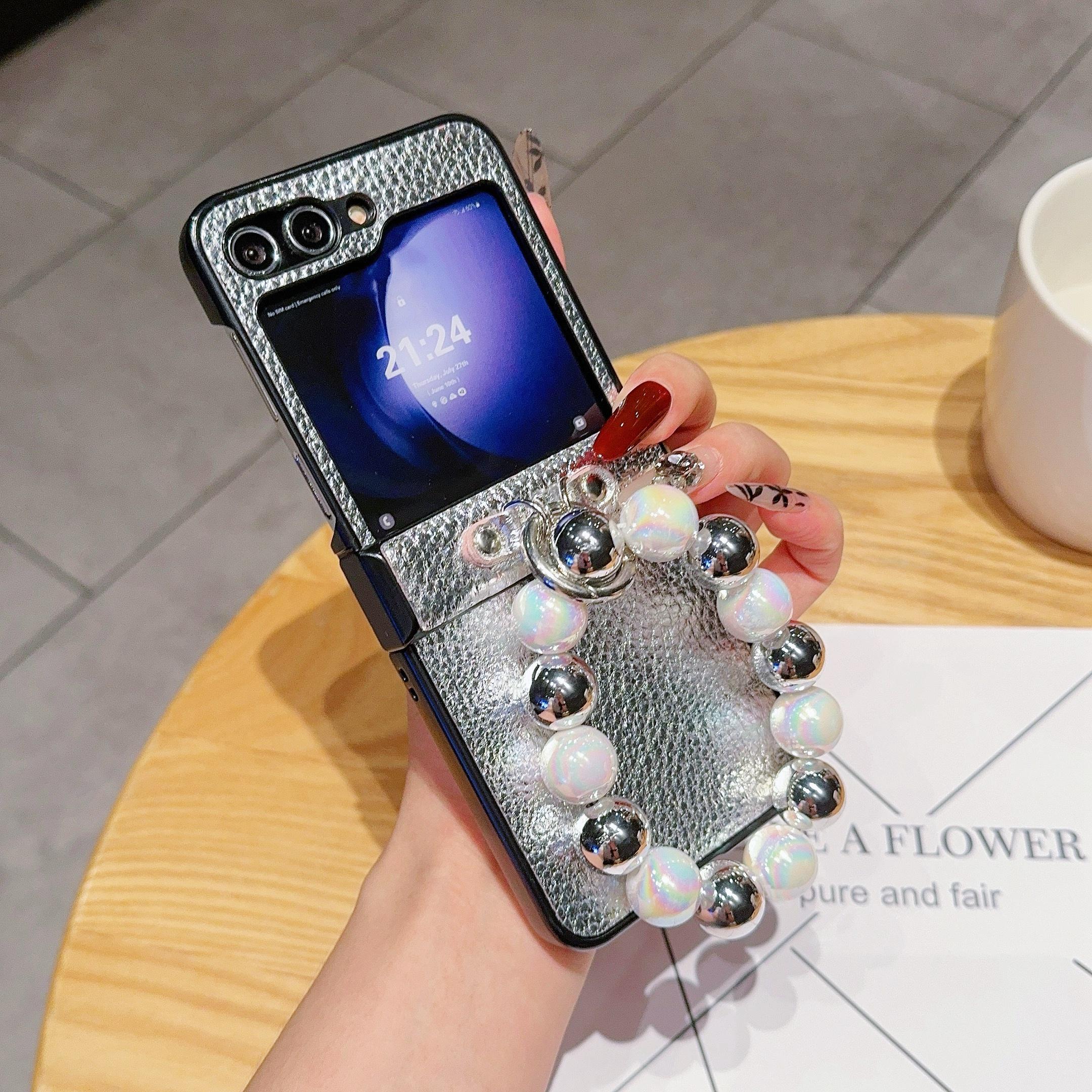 

For Samsung Galaxy Z Flip6 5G Case Hinge Protection Leather Coated Phone Cover with Bead Chain A