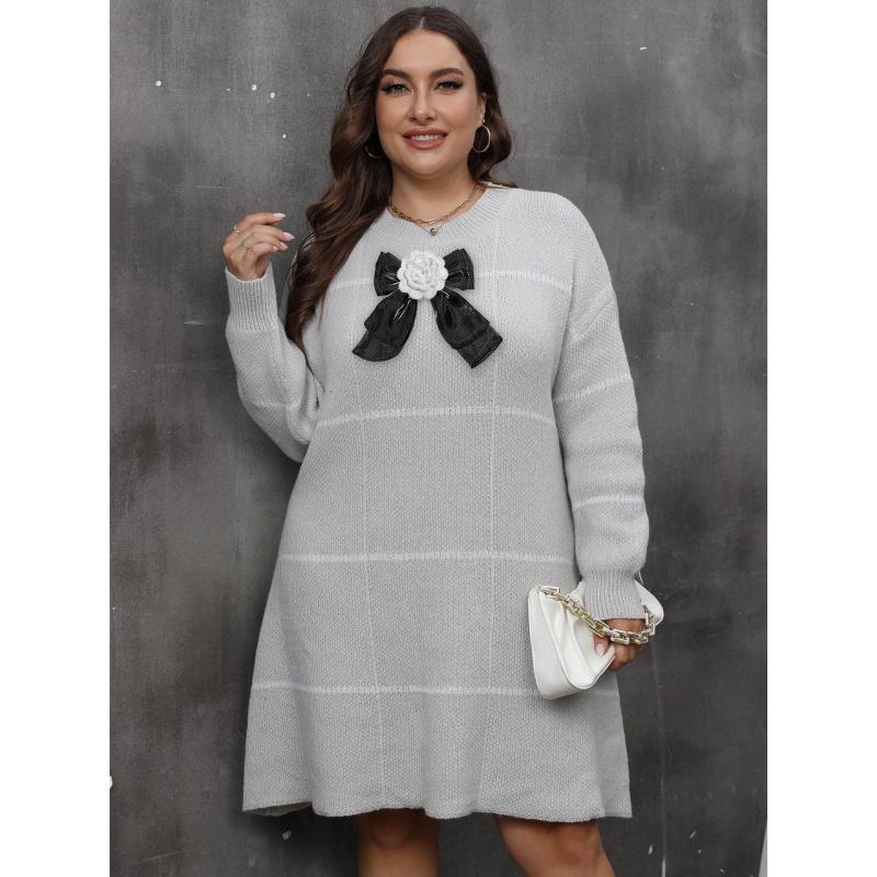 

Осенне-зимнее вязаное платье-свитер большого размера для женщин, полосатое, с цветовым блоком и бантом, ручной вязки крючком 3XL серый