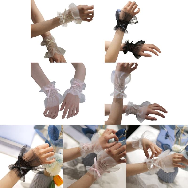 Women Wrist Cuffs Ribbon Bow Removable Ruffled Wedding Supply Bride Dress False Sleeves Tulle Flared Sleeves
