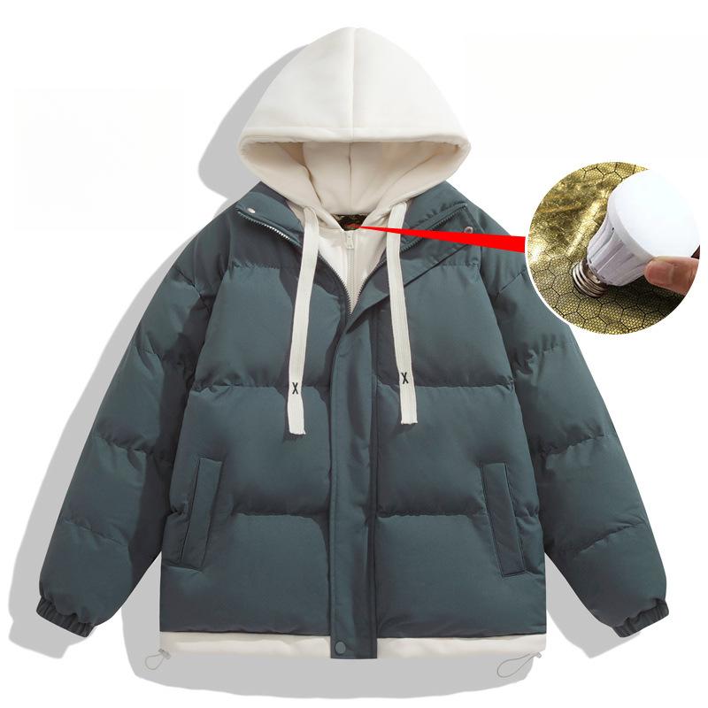 Teenagers Autumn and Winter Contrasting Colors Casual Warmth Graphene Cotton-padded Coat Thickened Loose Fake Two-piece Cotton-padded Coat Men
