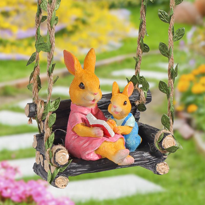 Cute Rabbit Statue - Swinging Rabbit Sculpture Resin Animal Figurine - Garden Decor Ornament for Lawn and Yard