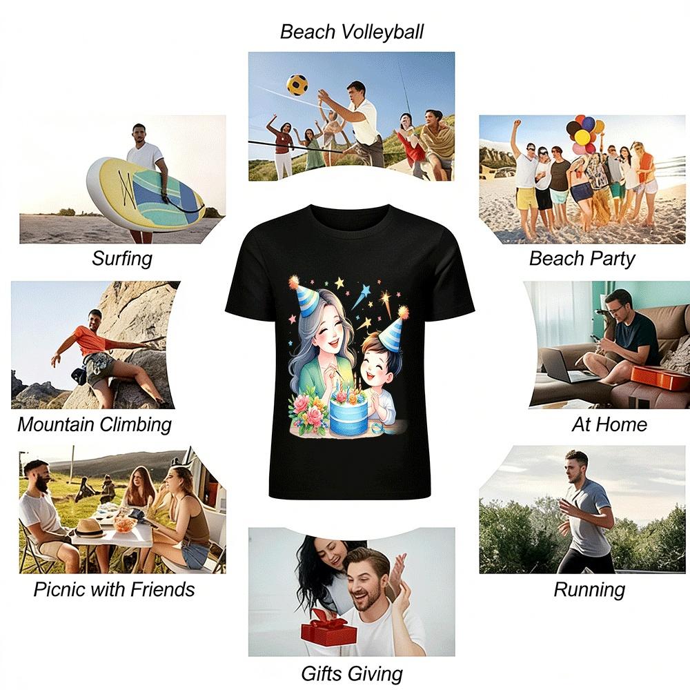 Warm Parent-Child Birthday Party Print Casual Top For All Ages Pure cotton T-shirt
