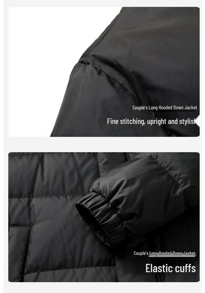 Men's Trendy Hooded Mid-Length White Duck Down Jacket - Warm Winter Outerwear for Couples.