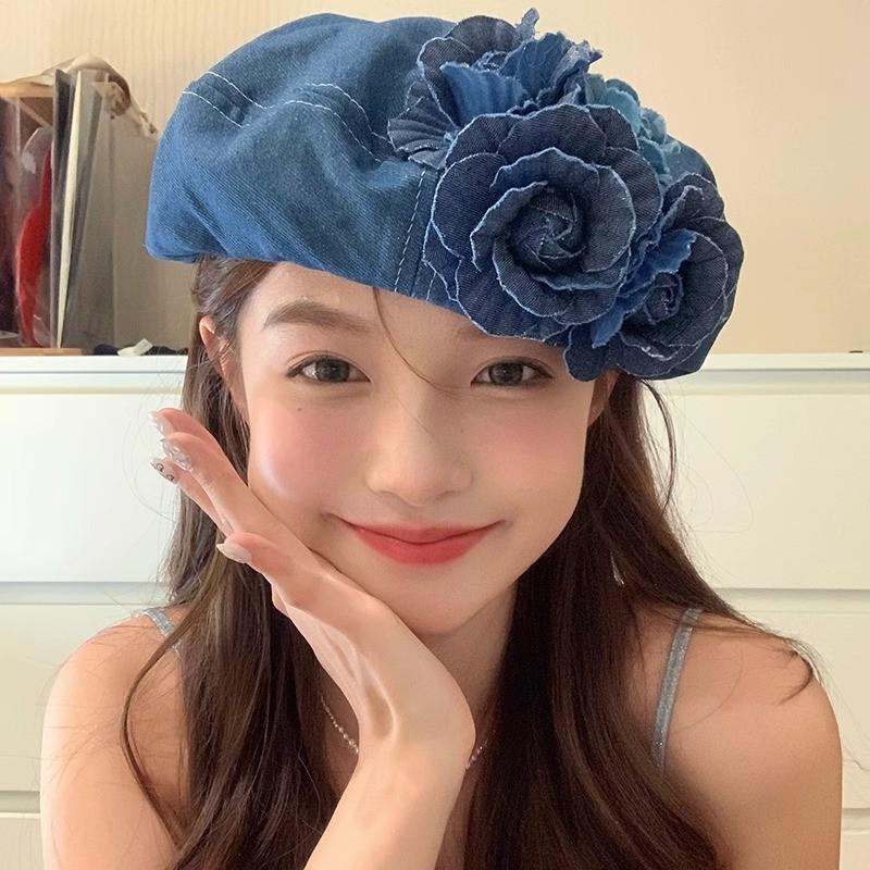 Flower Embellished Beret Hat With Waterresistant Fabric For Autumn And Winter