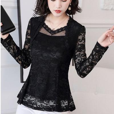 Blusa de encaje Ropa de mujer Partes superiores nuevas negras Camisa blanca elegante de manga larga con cuello en V ahuecada
