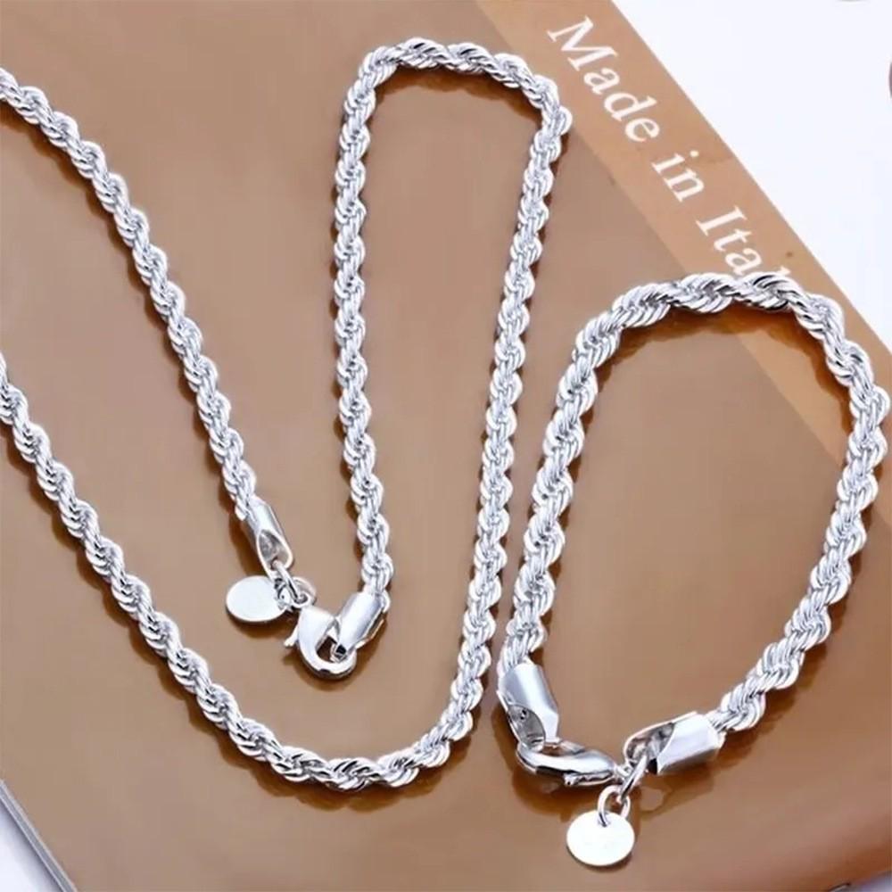 Silver 4MM Twisted Rope Necklace & Bracelet Set - Unisex Fashion Jewelry