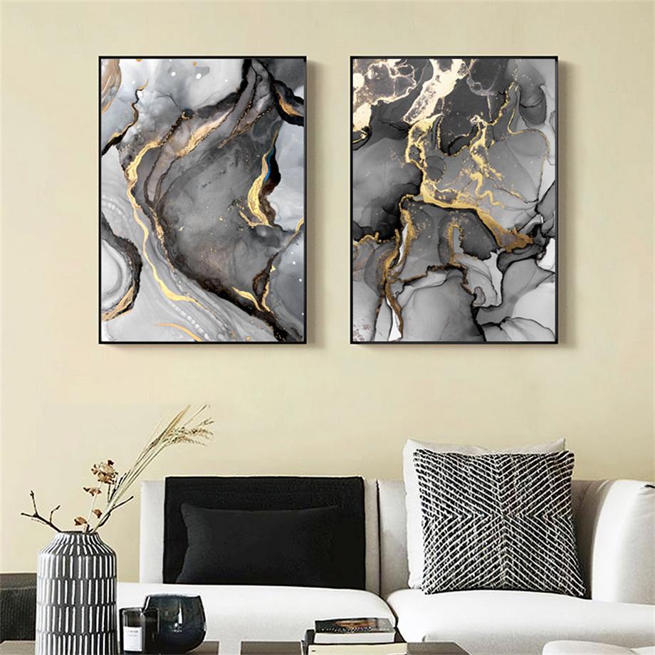 Black Gold Abstract Canvas Painting Gilt Marble Posters And Prints Modern Minimalist Modular HD Pictures Living Room Home Decor