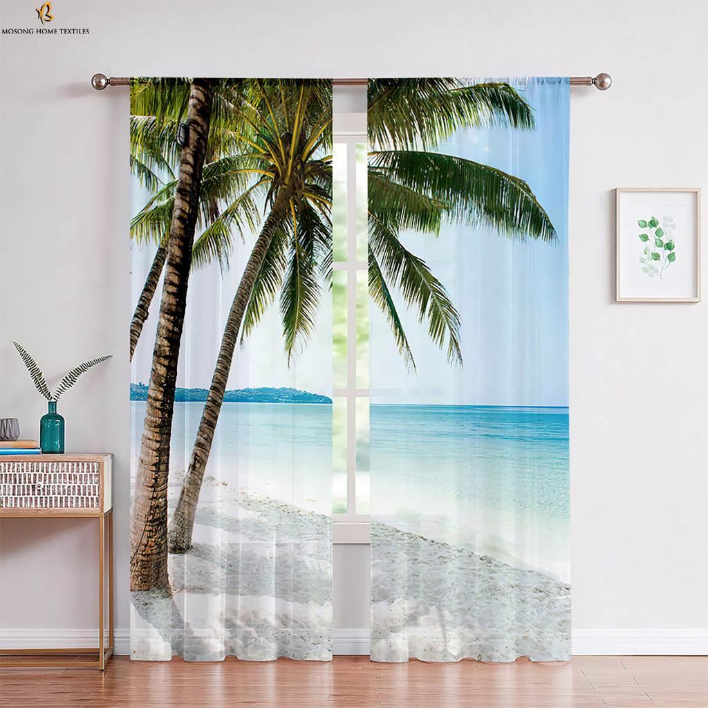 Set Of 2 Window Curtains Seaside Scenery Coconut Tree Printing Bedroom Living Room Kitchen Decorative Curtain Polyester Perfect For Sitting