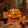 Weatherproof Halloween Lamp Stained Glass Pumpkin Lamp, Bedside Table Orange Outdoor Party Decoration Accent Night Light for Indoor, Home, Holiday