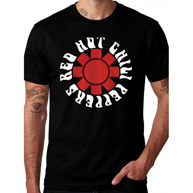 Men's Black Short Sleeve Crew Neck T-Shirt with Red Hot Chili Peppers Graphic Print, Soft Cotton Feel, Casual Daily Wear for Music Fans