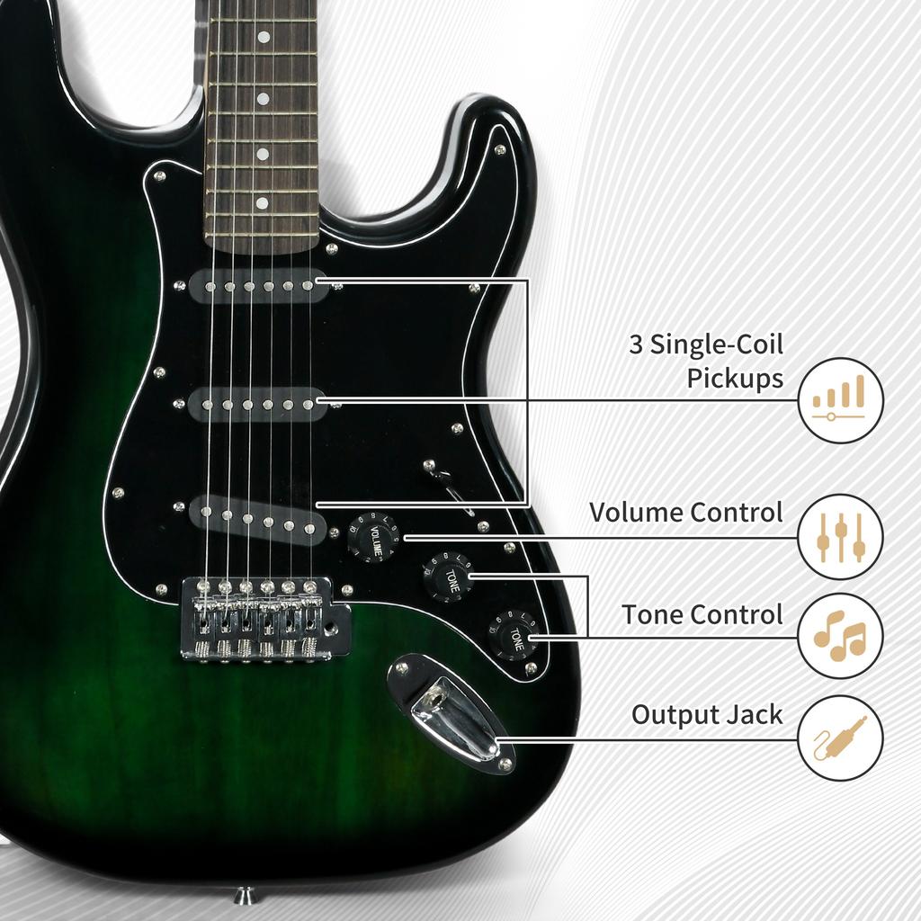Six-String Electric Guitar, with 15W Amplifier, Digital Turner, Picks, Shoulder Strap, Case Bag - Dark Green