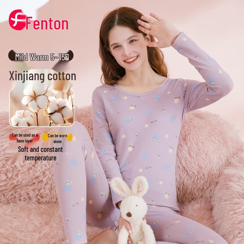 FENTENG Damen Thermo-Unterwäsche-Set aus reiner Baumwolle mit Cartoon-Print