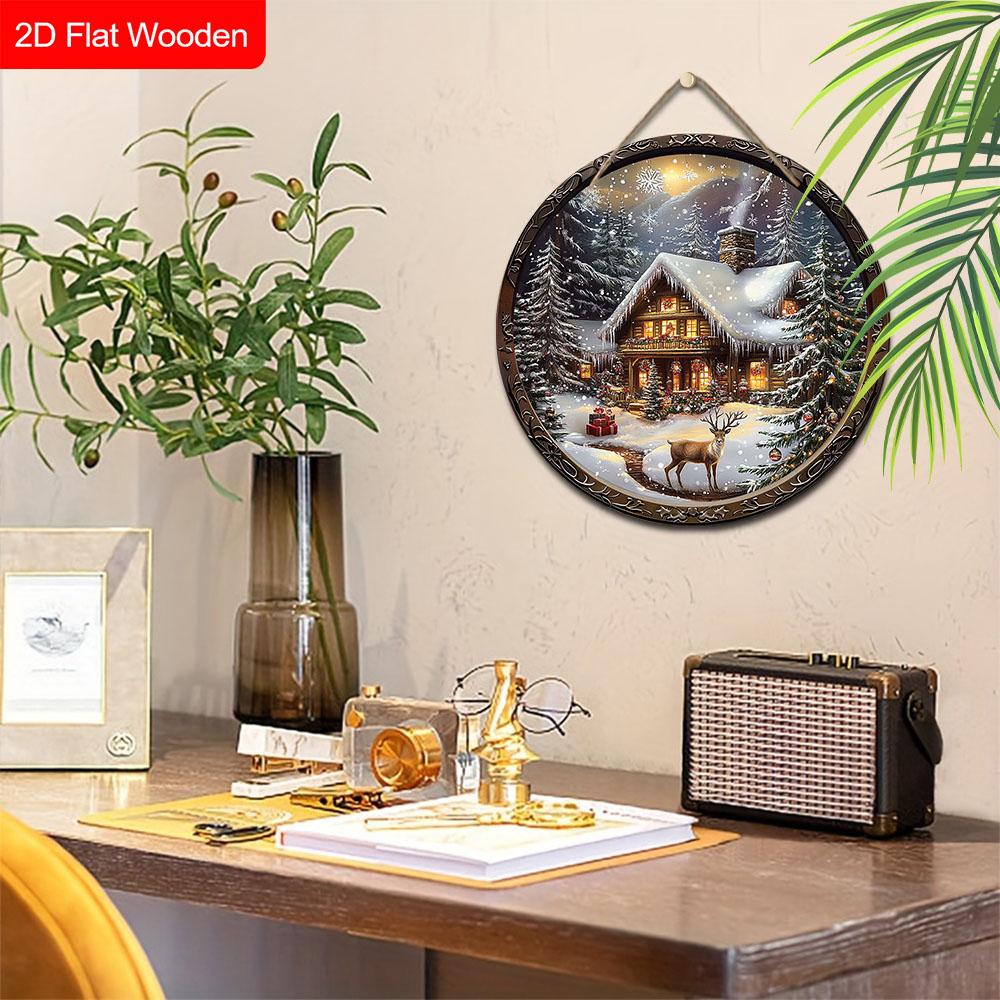 Caldo Inverno Natale Segno di Legno con Motivo Alce e Casa di Neve - Segno Rotondo Buon Natale per Porta d'Ingresso, Decorazione da Appendere alla Parete - Regalo di Natale Ideale