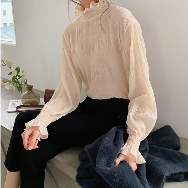 YYFS Women's Fashion Casual Spring Autumn Solid Color Print Long Sleeve Half Turtleneck Blouses & Shirts