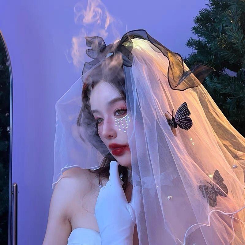 Gothic Runaway Bride Veil - Halloween Dark Princess Headpiece with Bow - Victorian Spooky Accessory