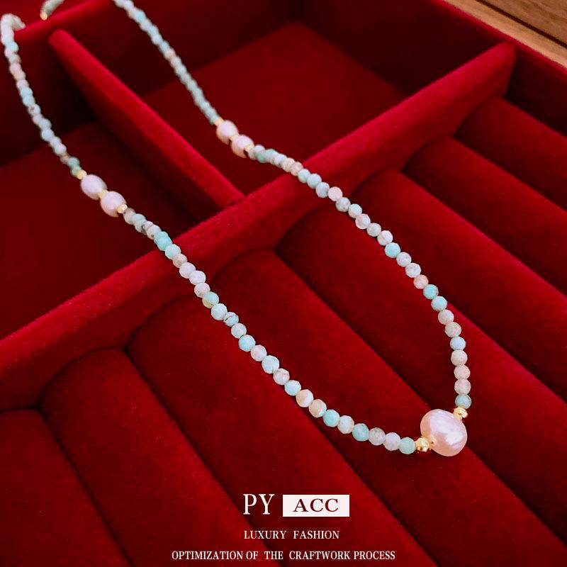 Vergoldete Amazonit- & Perlenkette - Elegante Schlichte Schlüsselbeinkette, Vielseitiger High-End-Schmuck