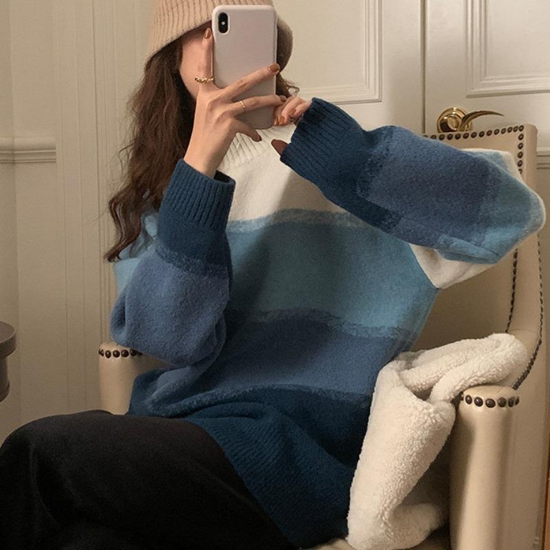 

Осень и Зима Свободный Вязаный Пуловер Полоски Женский Свитер Повседневный Офисный Простой Офисный Круглый Вырез Топ Длинный Рукав Мода Элегантная Женская Одежда one size синий