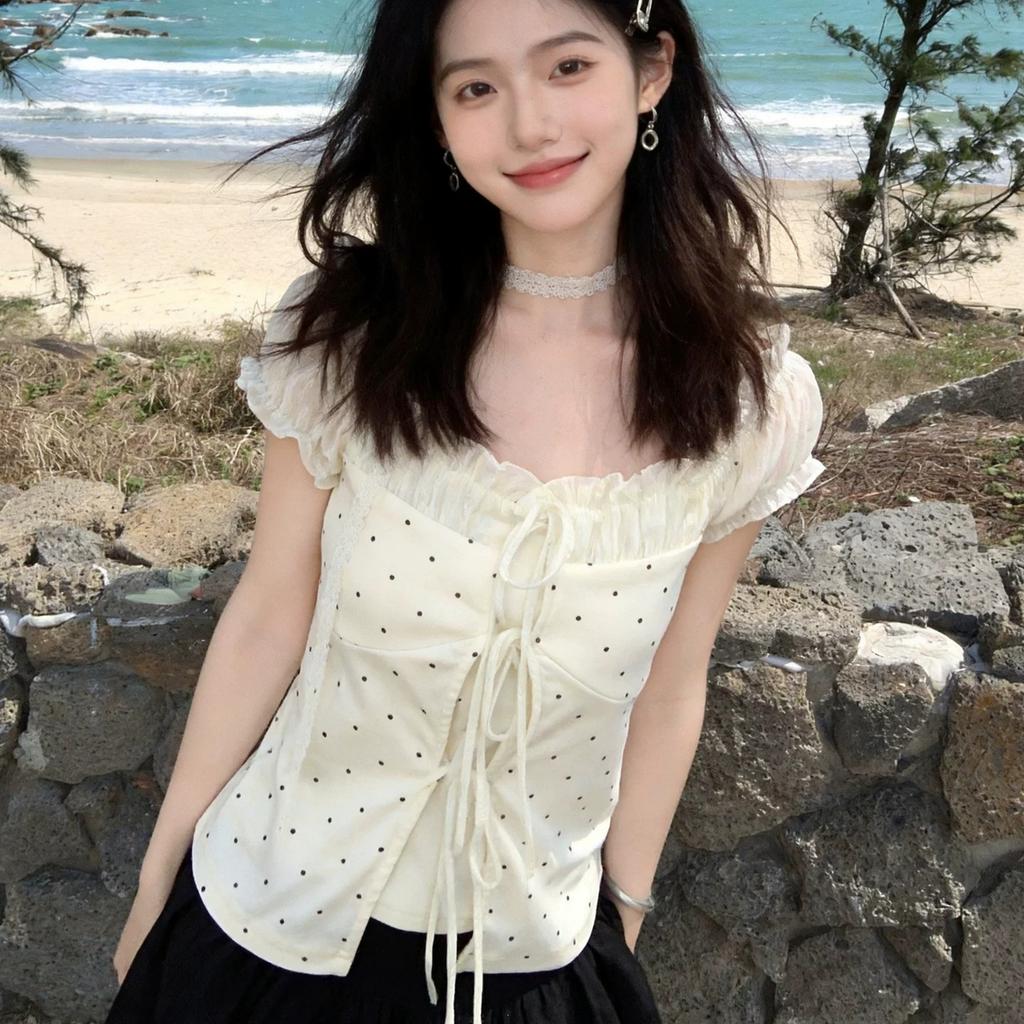 Korean pure desire storm point one-word collar short-sleeved t-shirt women's summer new slim-fitting sweet short fake two-piece top