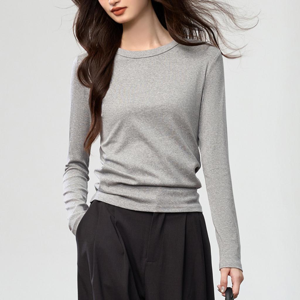 Combed Cotton Solid Simple Round Neck Long Sleeve Women T Shirt Basic Top