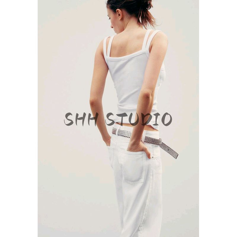 Spring and Summer New Women's Clothing Minimalist Easiest for Match Cotton Blended Sling Double-Layer round Neck Shoulder Strap T-shirt Tops 4174336