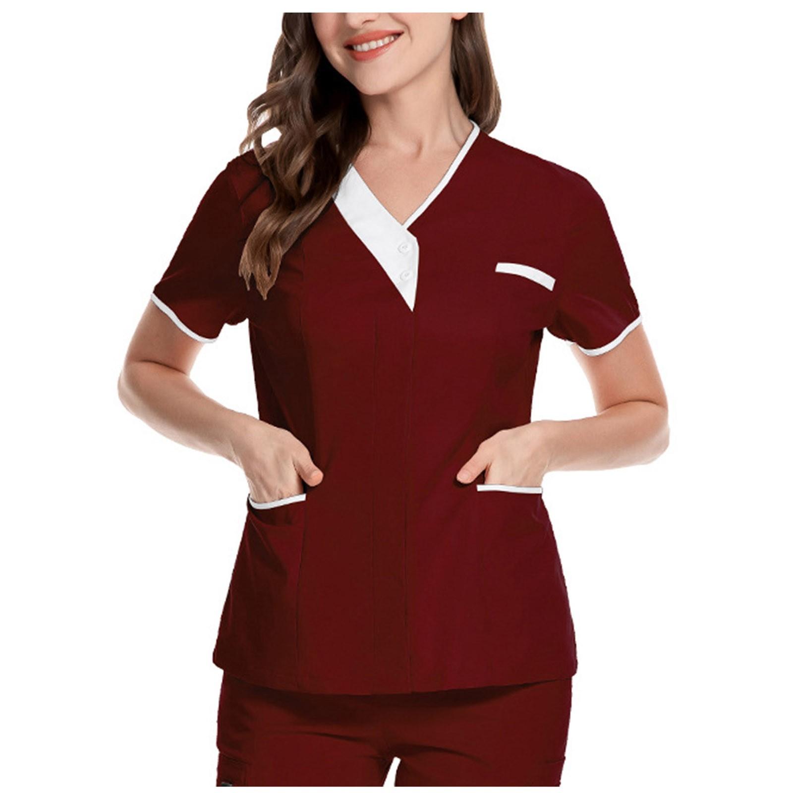 

Women s Color Workwear Short Sleeve V-Neck Top Button Decoration With Pocket Top L винний
