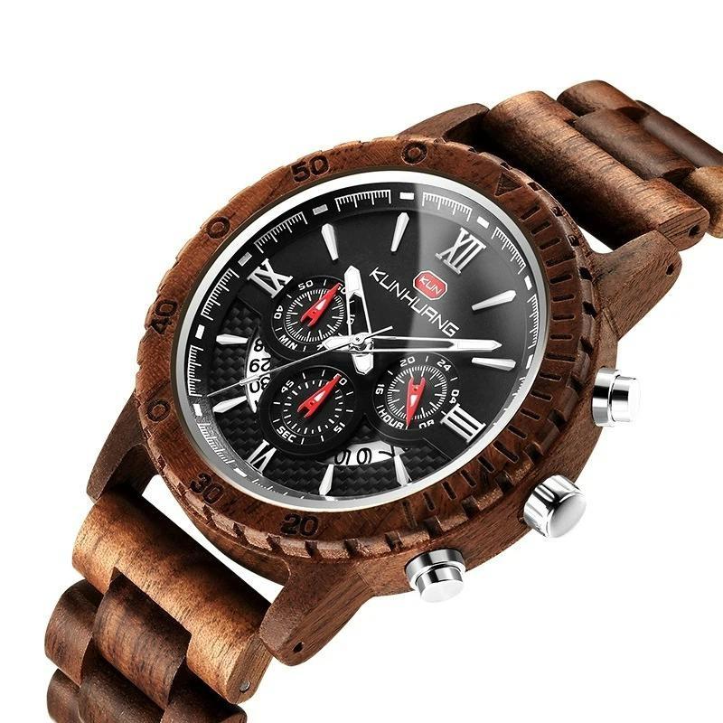 Men Natural Walnut Wood Watch Multifunctional Chronograph Quartz Wristwatch Roman Numeral Dial Sport Wooden Band Watch
